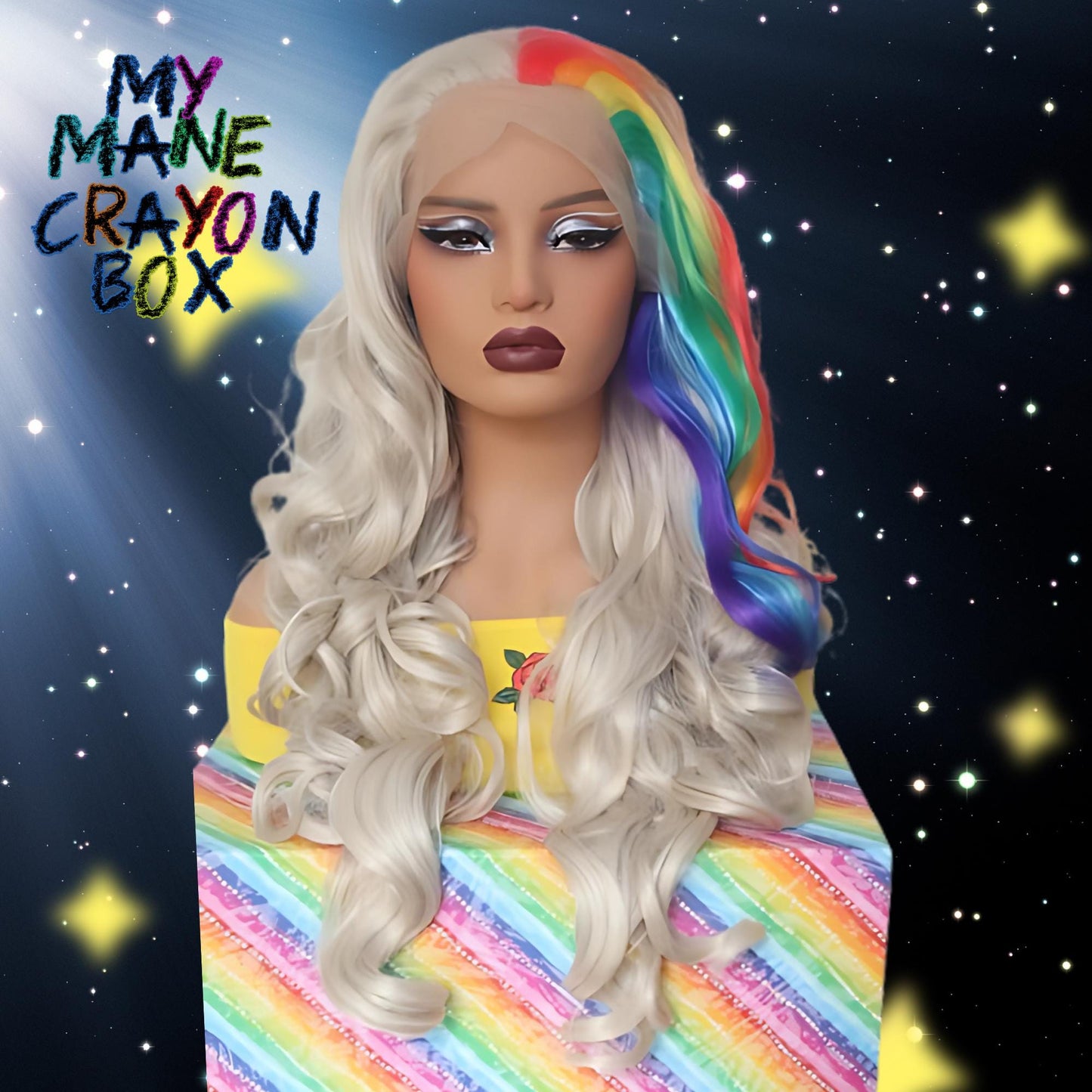 Rainbow Luxe Waves – 28" Ash Blonde Front Lace Wig with Vibrant Streaks