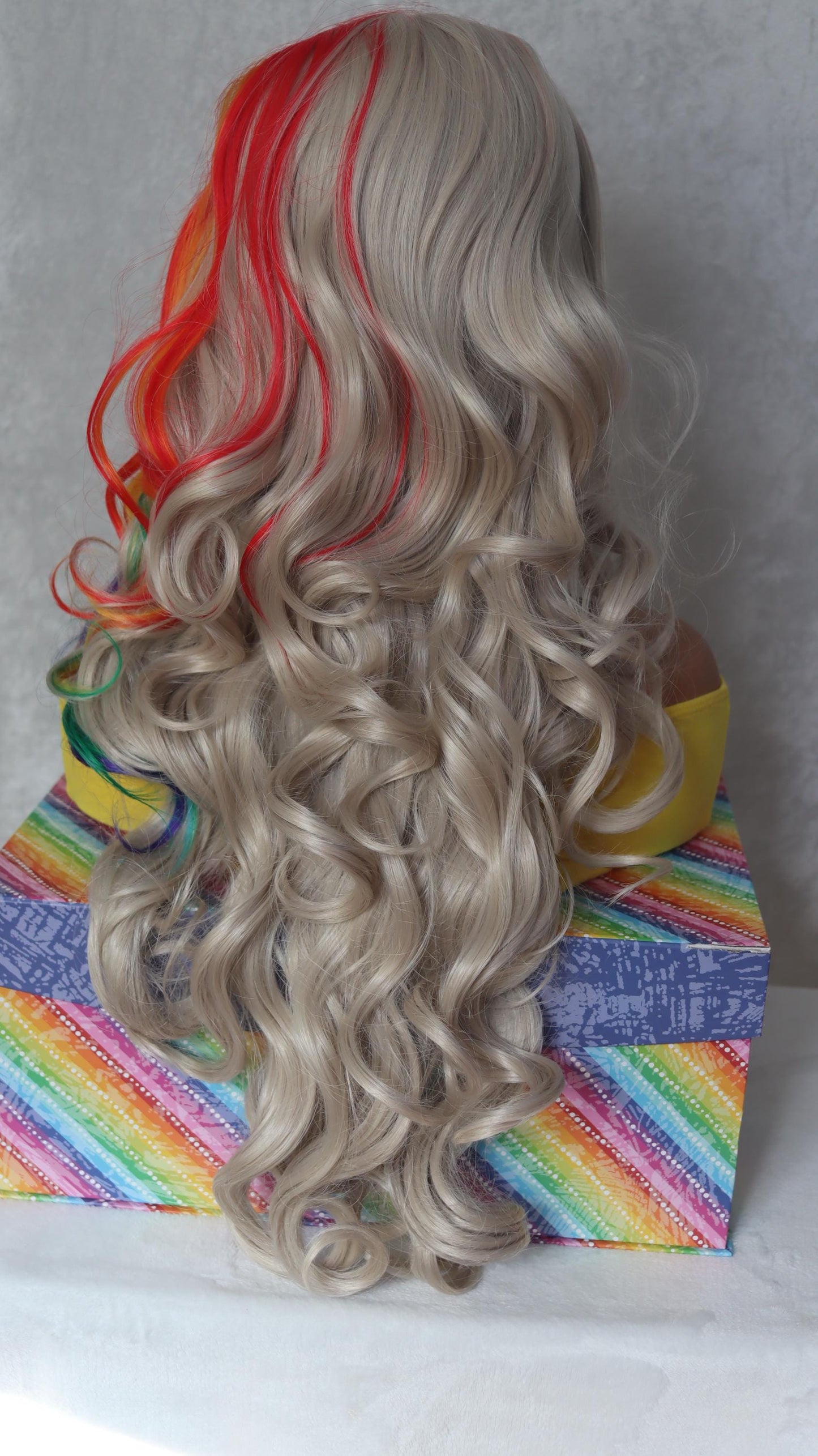 Rainbow Luxe Waves – 28" Ash Blonde Front Lace Wig with Vibrant Streaks