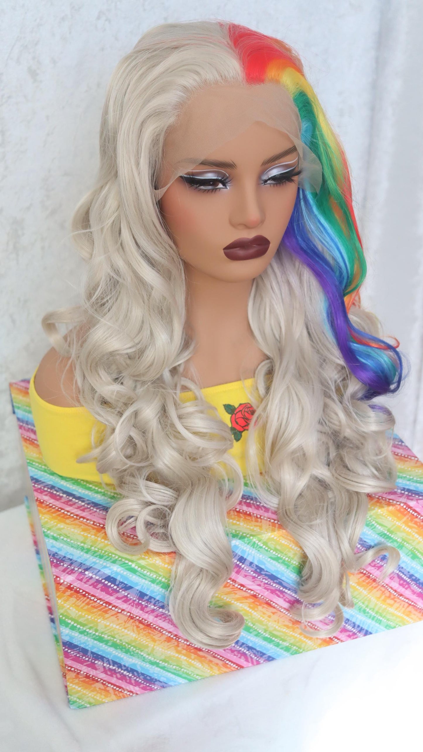 Rainbow Luxe Waves – 28" Ash Blonde Front Lace Wig with Vibrant Streaks