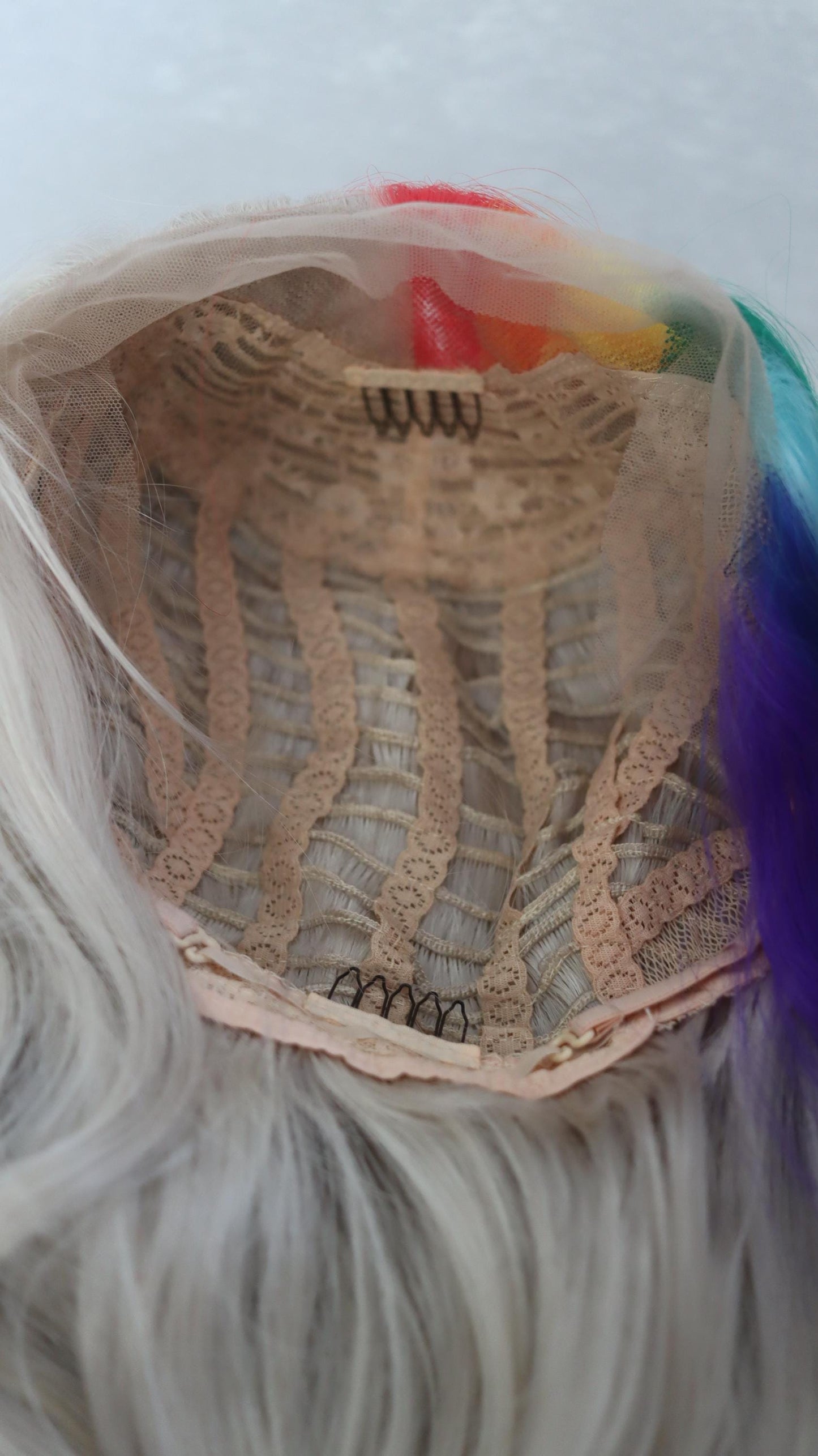 Rainbow Luxe Waves – 28" Ash Blonde Front Lace Wig with Vibrant Streaks