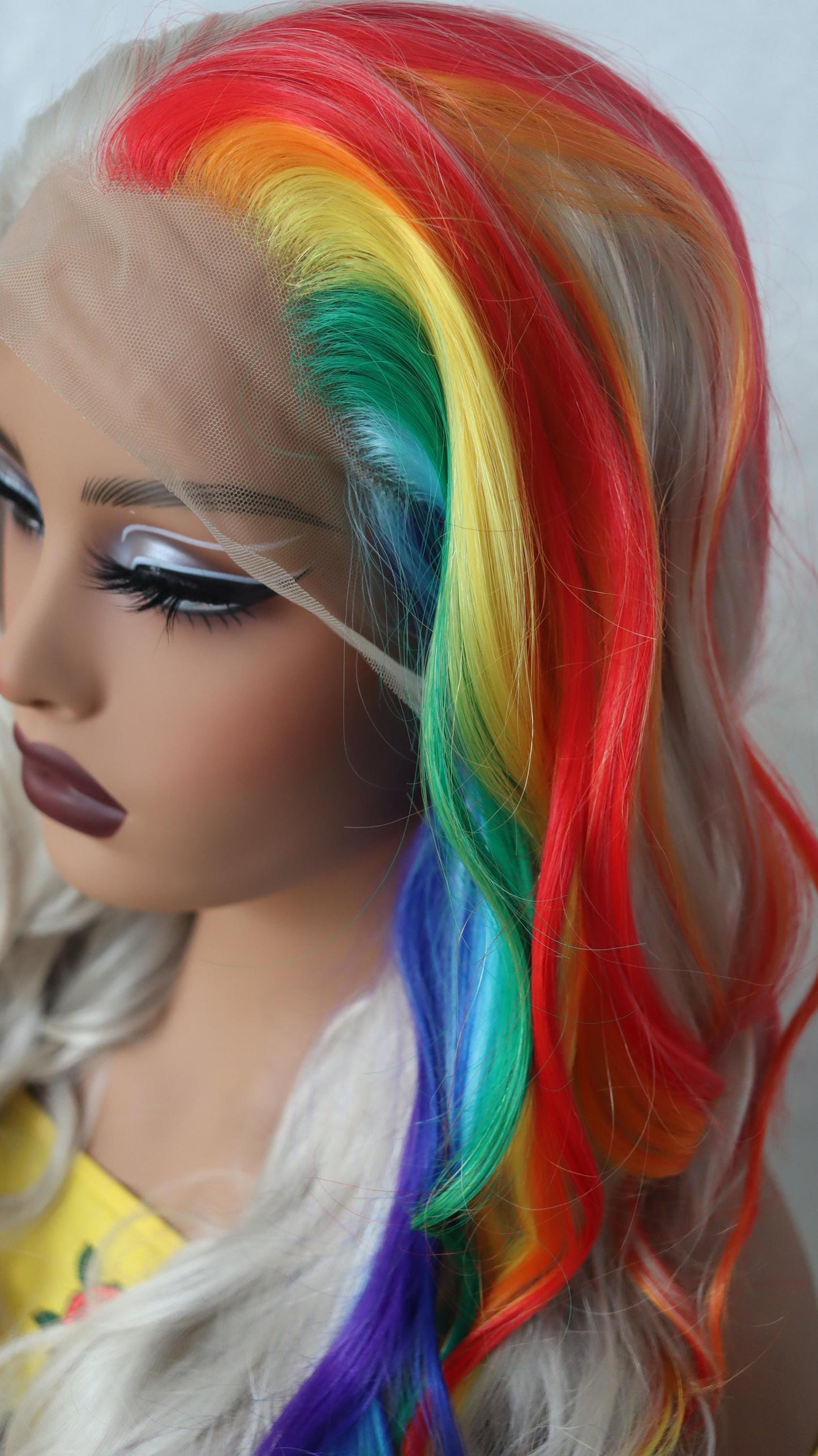 Rainbow Luxe Waves – 28" Ash Blonde Front Lace Wig with Vibrant Streaks