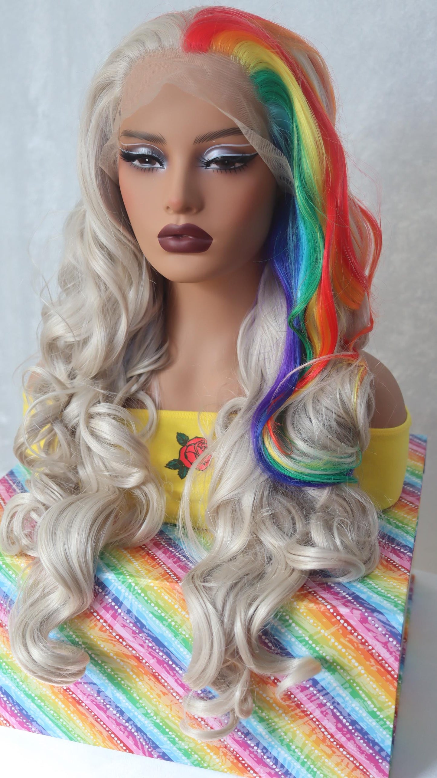 Rainbow Luxe Waves – 28" Ash Blonde Front Lace Wig with Vibrant Streaks