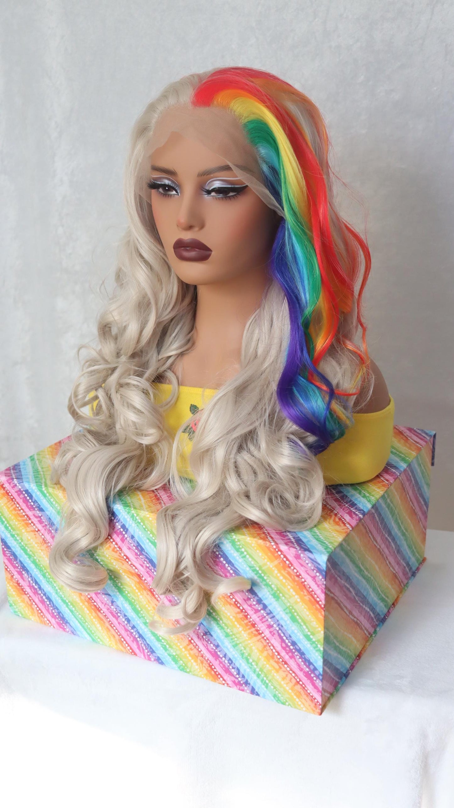 Rainbow Luxe Waves – 28" Ash Blonde Front Lace Wig with Vibrant Streaks