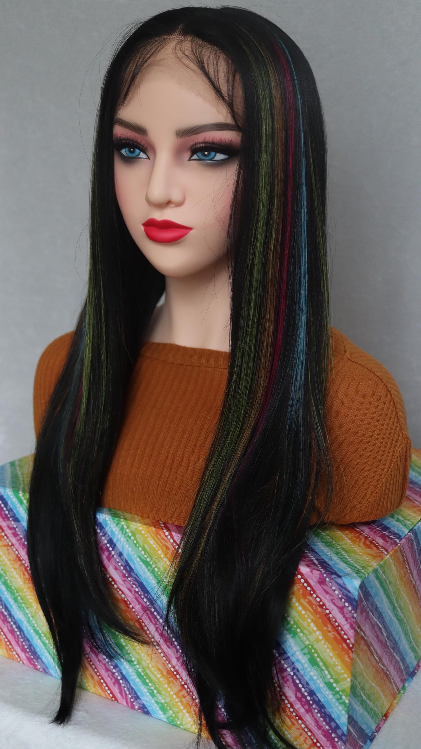 Rainbow Highway T-Part Lace Wig – 20 inches Black Wig with Vibrant Front Highlights | Glueless, Lightweight & Easy to Style