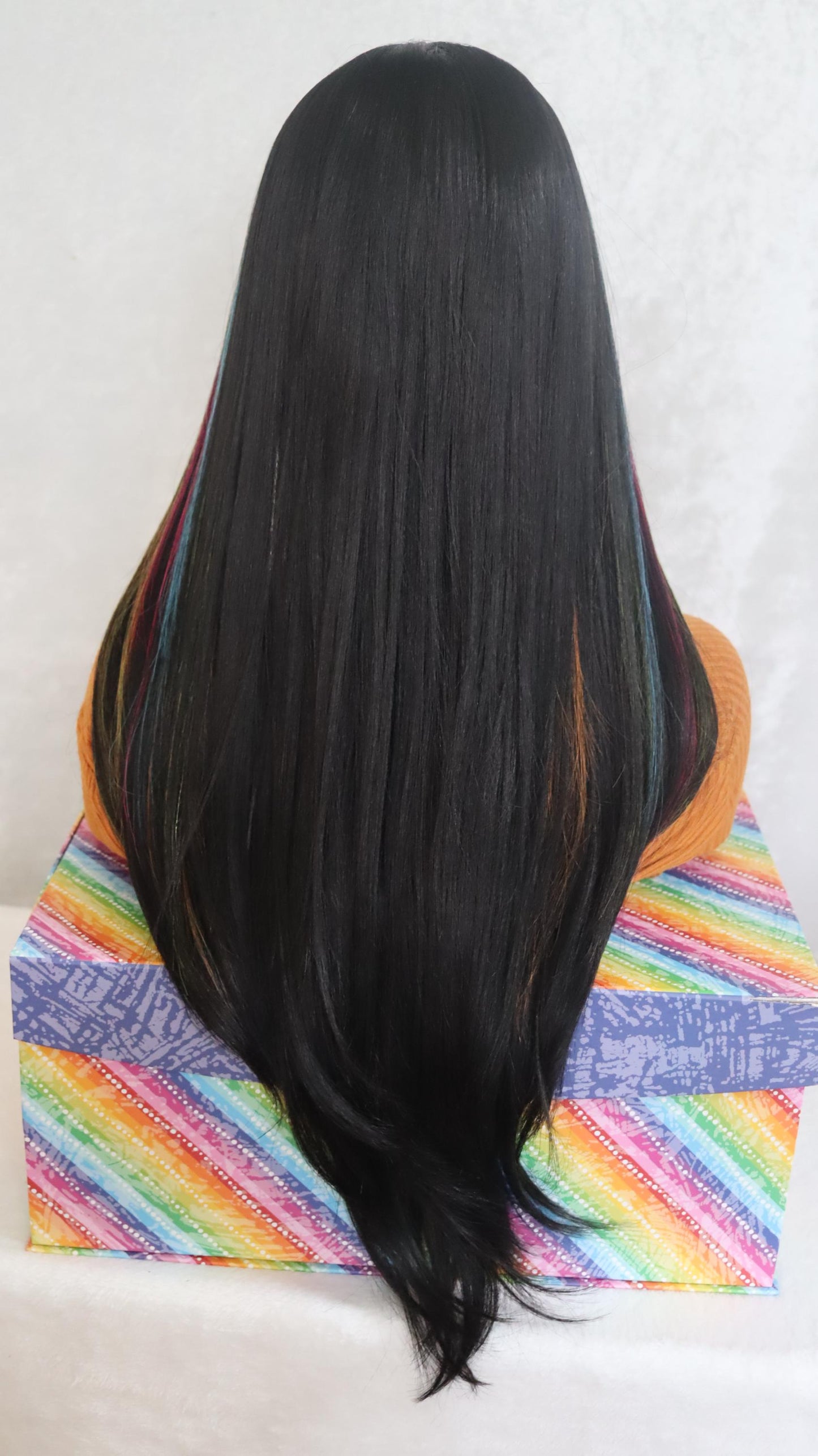 Rainbow Highway T-Part Lace Wig – 20 inches Black Wig with Vibrant Front Highlights | Glueless, Lightweight & Easy to Style
