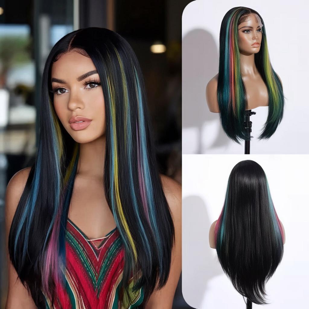 Rainbow Highway T-Part Lace Wig – 20 inches Black Wig with Vibrant Front Highlights | Glueless, Lightweight & Easy to Style