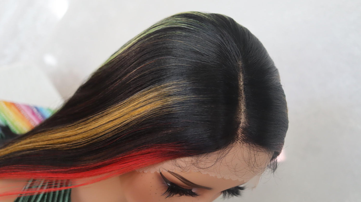 Crayon Colors Wig – 20” Straight Black Lace Front Wig with Red, Yellow & Green Highlights – Silky Heat-Resistant Synthetic Glueless Wig