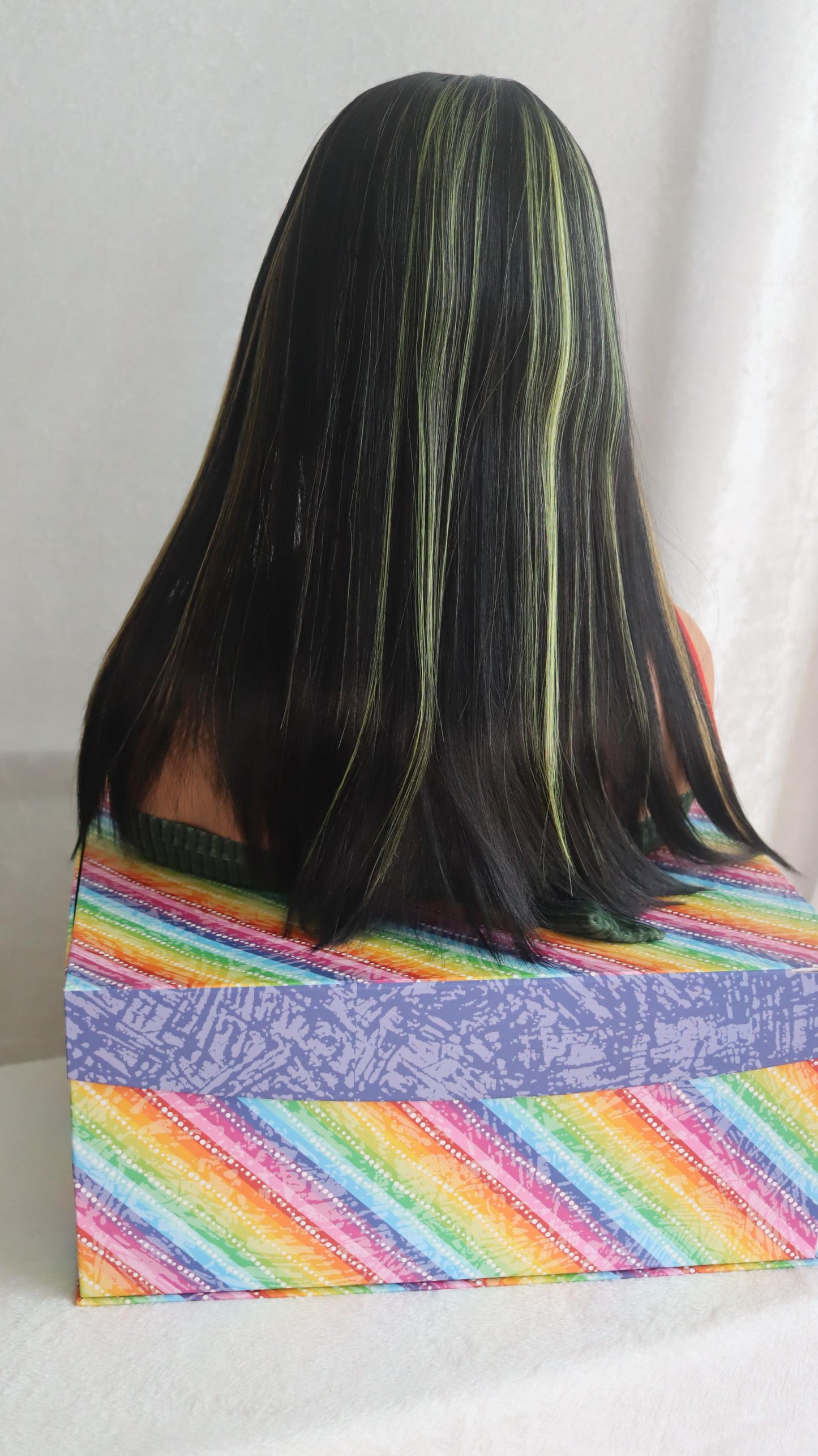 Crayon Colors Wig – 20” Straight Black Lace Front Wig with Red, Yellow & Green Highlights – Silky Heat-Resistant Synthetic Glueless Wig