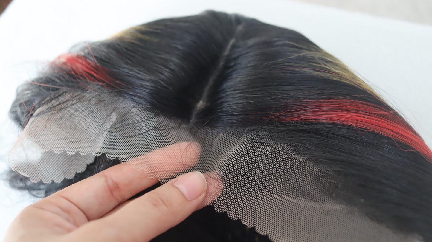 Crayon Colors Wig – 20” Straight Black Lace Front Wig with Red, Yellow & Green Highlights – Silky Heat-Resistant Synthetic Glueless Wig