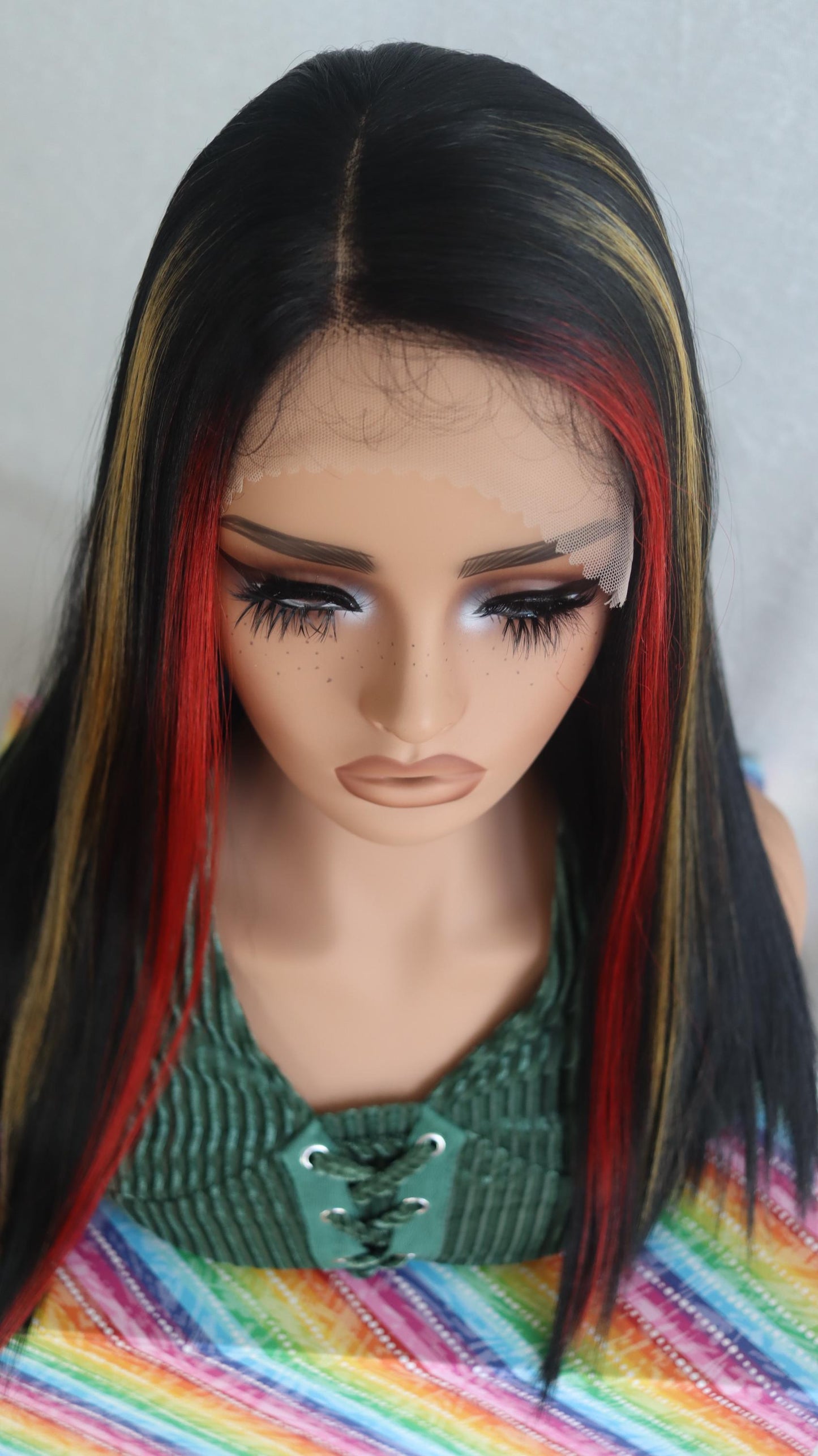 Crayon Colors Wig – 20” Straight Black Lace Front Wig with Red, Yellow & Green Highlights – Silky Heat-Resistant Synthetic Glueless Wig