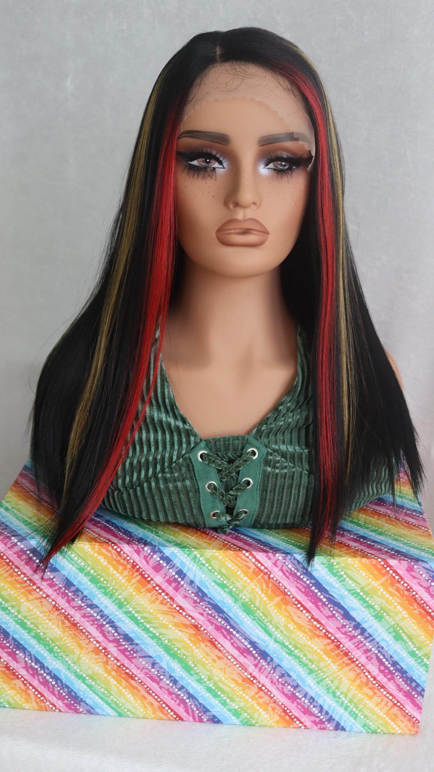 Crayon Colors Wig – 20” Straight Black Lace Front Wig with Red, Yellow & Green Highlights – Silky Heat-Resistant Synthetic Glueless Wig