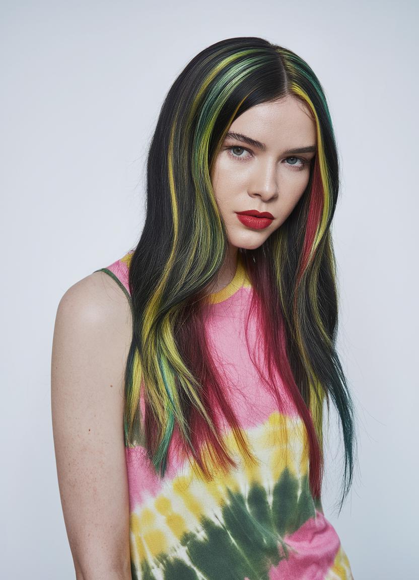 Crayon Colors Wig – 20” Straight Black Lace Front Wig with Red, Yellow & Green Highlights – Silky Heat-Resistant Synthetic Glueless Wig
