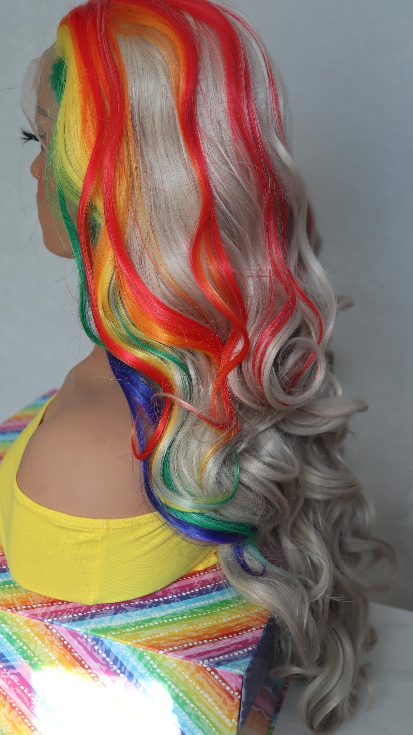 Rainbow Luxe Waves – 28" Ash Blonde Front Lace Wig with Vibrant Streaks