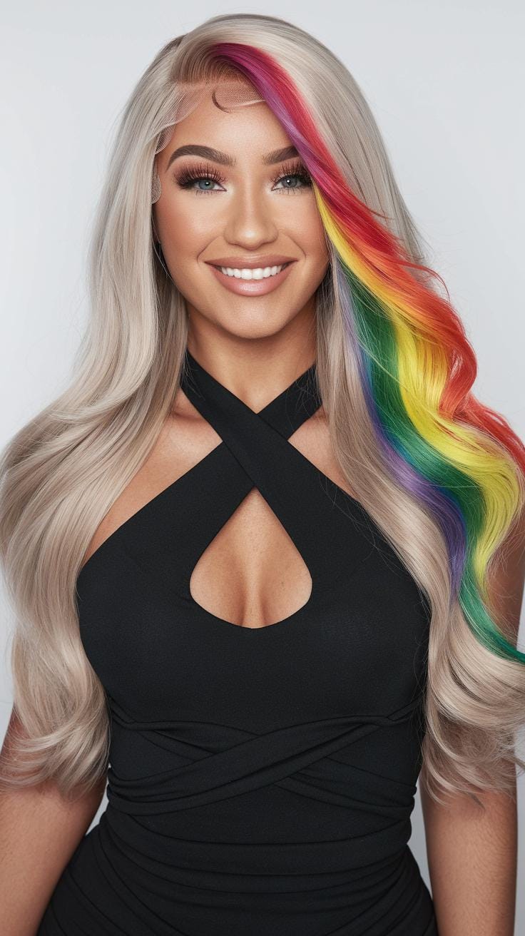 Rainbow Luxe Waves – 28" Ash Blonde Front Lace Wig with Vibrant Streaks