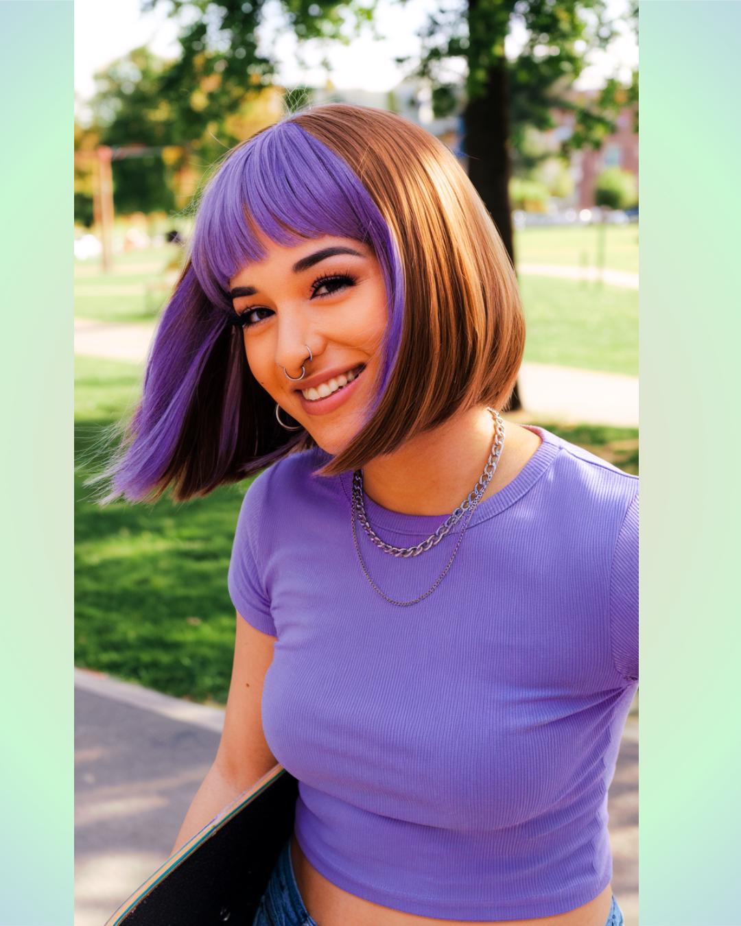 Short Bob Wig with Purple Bangs & Ash Light Brown Base – Bold Synthetic Wig for Everyday Style