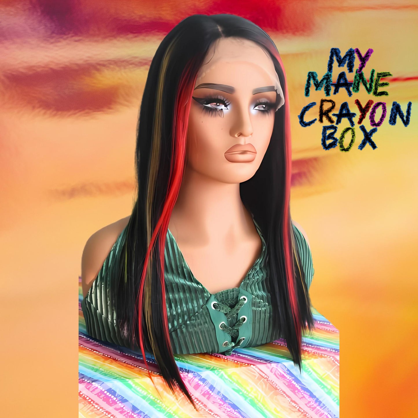 Crayon Colors Wig – 20” Straight Black Lace Front Wig with Red, Yellow & Green Highlights – Silky Heat-Resistant Synthetic Glueless Wig