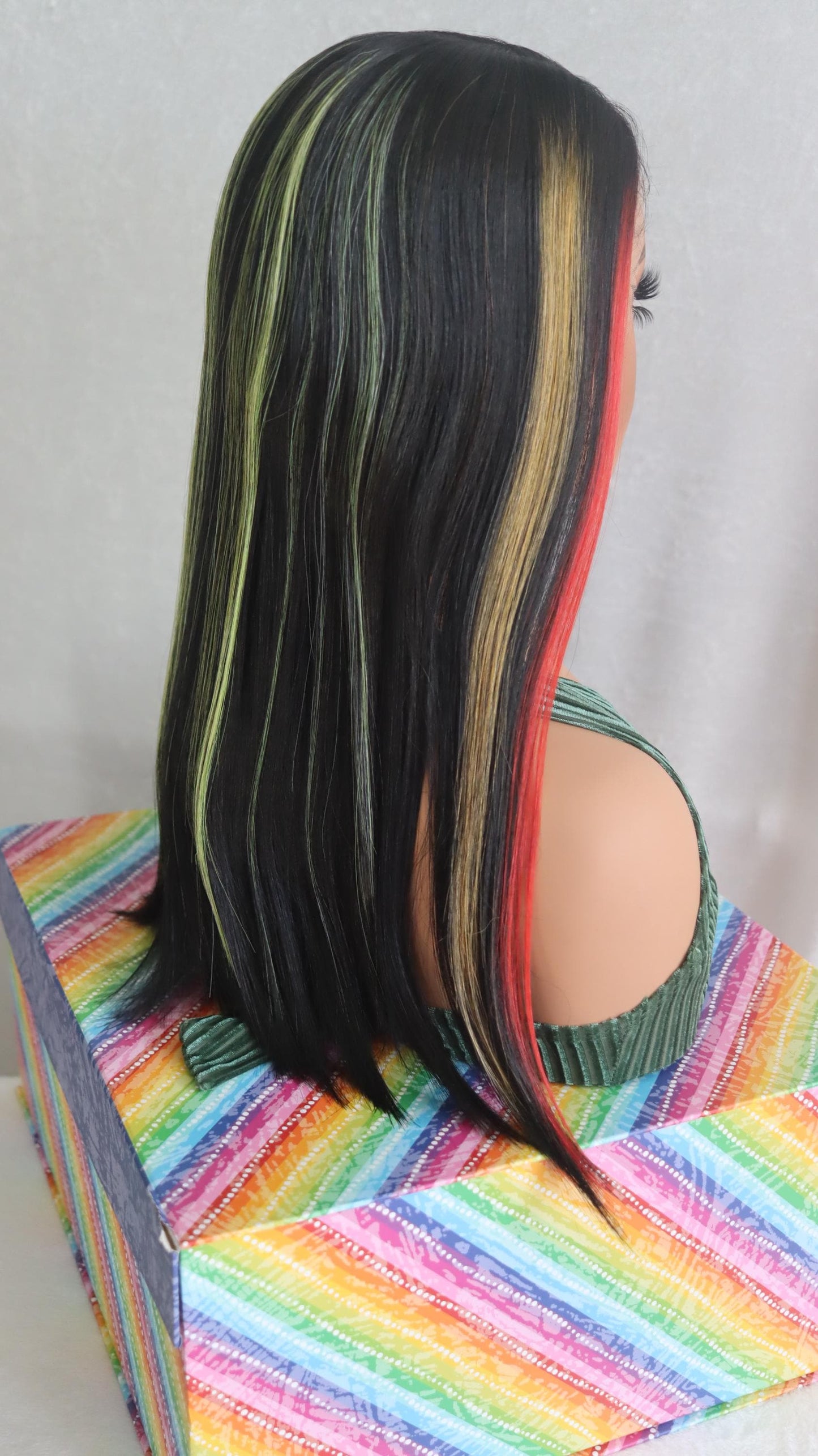 Crayon Colors Wig – 20” Straight Black Lace Front Wig with Red, Yellow & Green Highlights – Silky Heat-Resistant Synthetic Glueless Wig