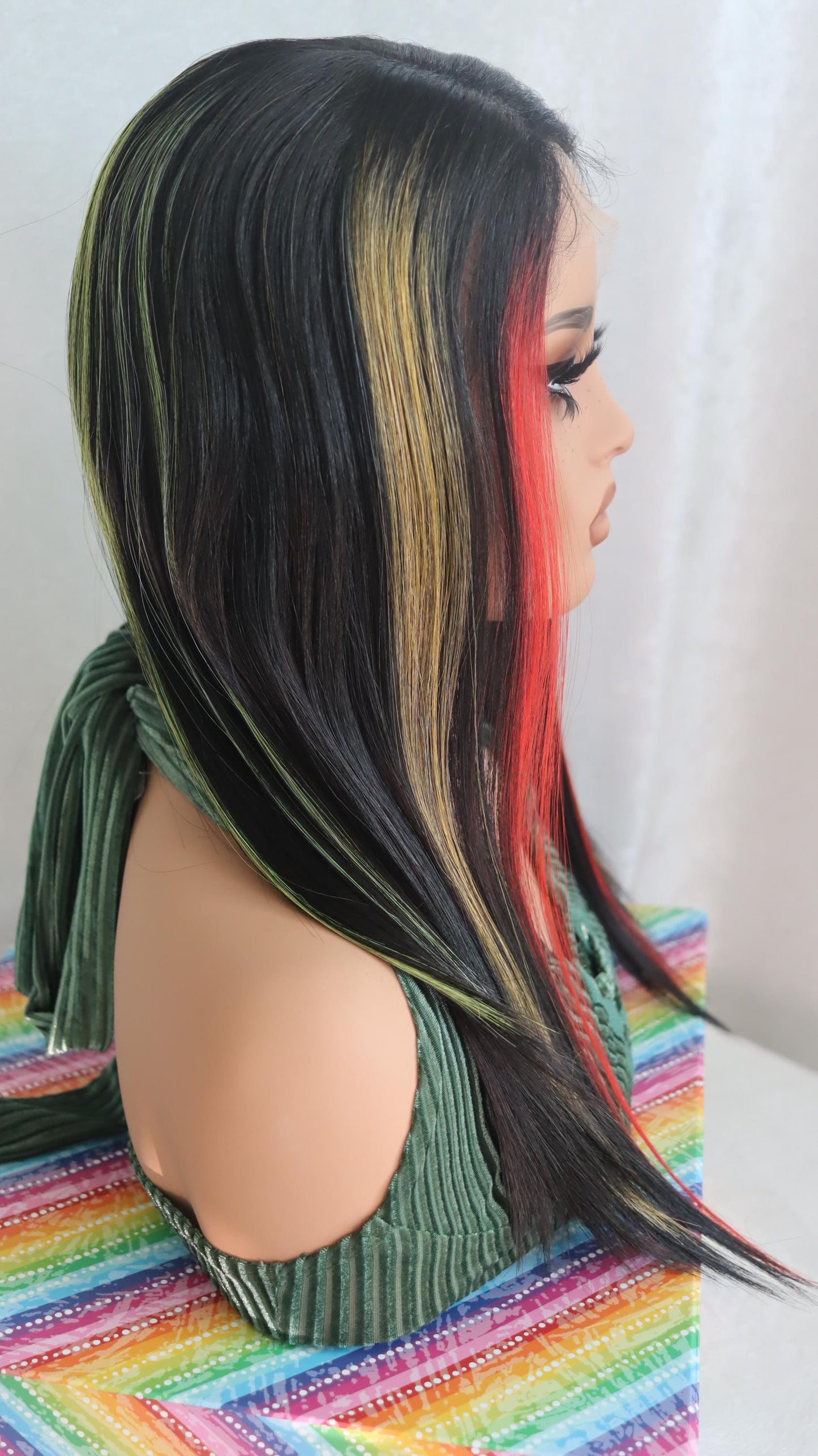 Crayon Colors Wig – 20” Straight Black Lace Front Wig with Red, Yellow & Green Highlights – Silky Heat-Resistant Synthetic Glueless Wig