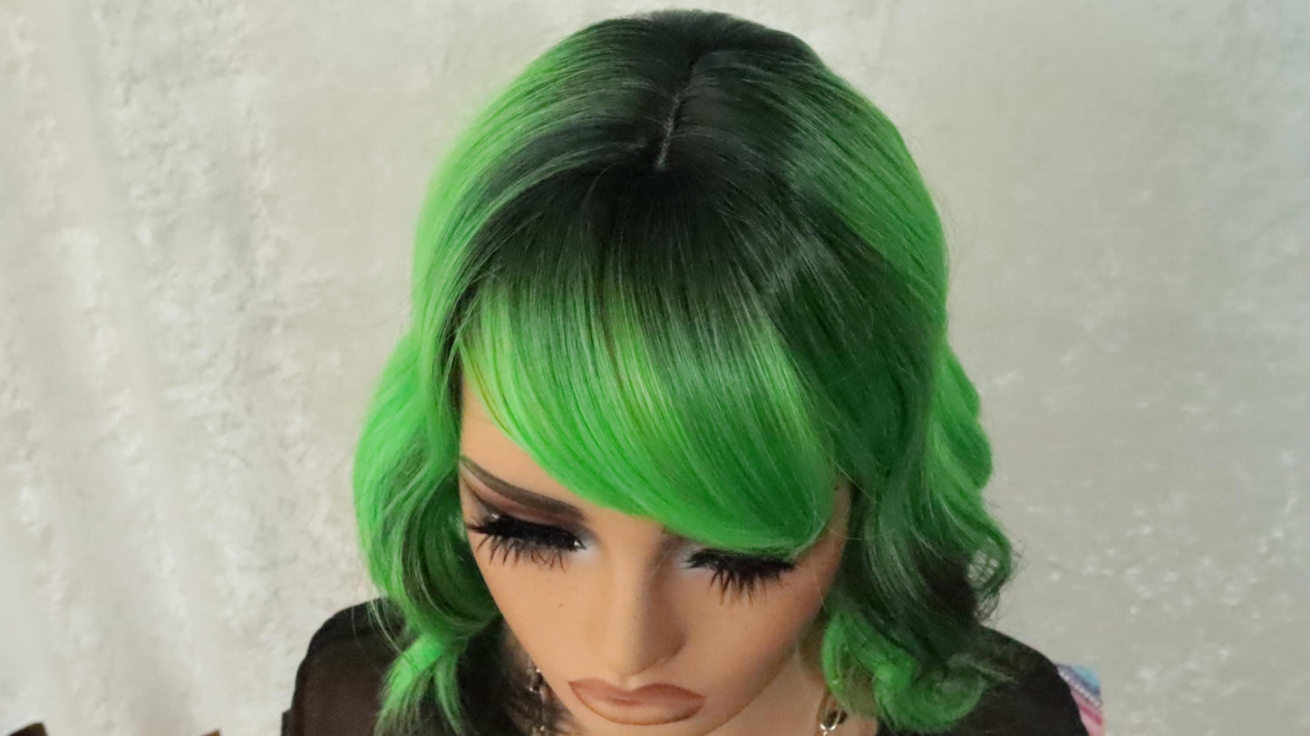 Neon Grunge Wolf Cut Wig 16" - Green & Black Layered Emo Style | Bold Alternative Fashion