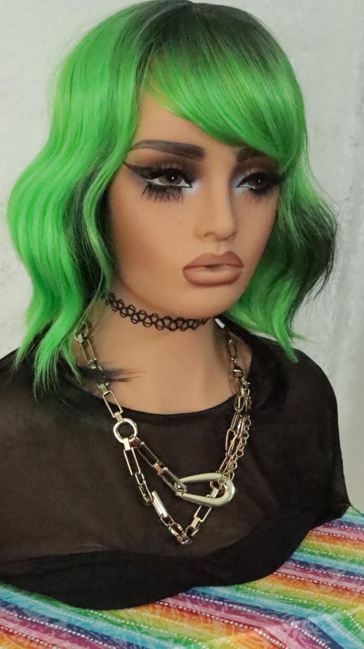 Neon Grunge Wolf Cut Wig 16" - Green & Black Layered Emo Style | Bold Alternative Fashion