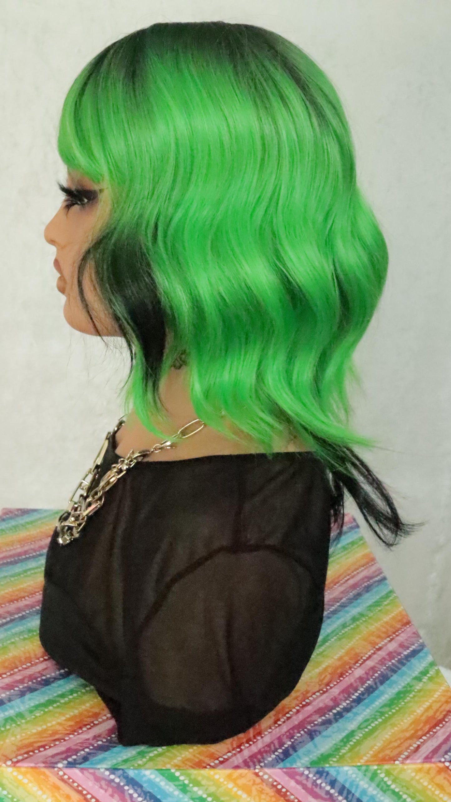 Neon Grunge Wolf Cut Wig 16" - Green & Black Layered Emo Style | Bold Alternative Fashion