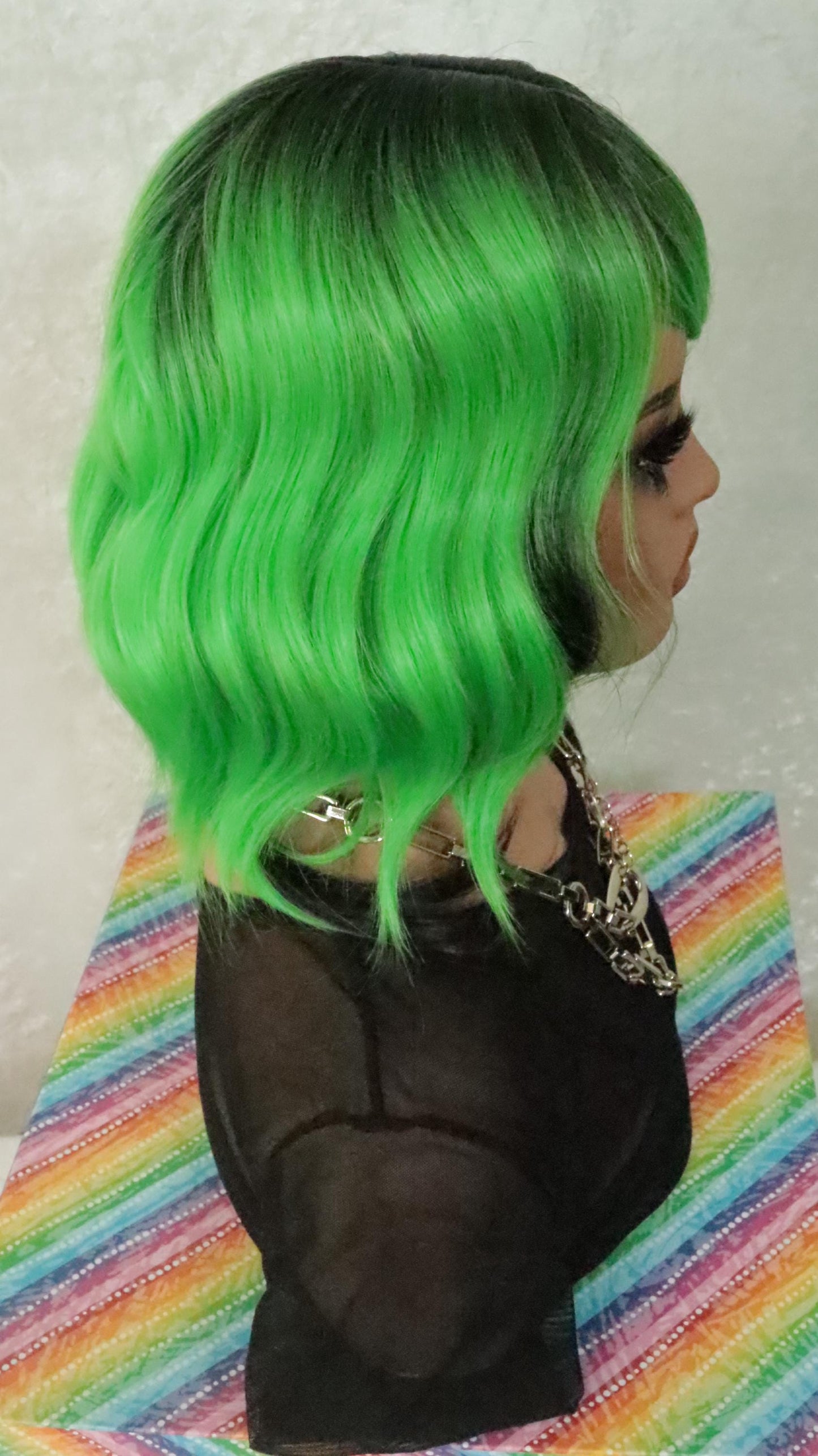 Neon Grunge Wolf Cut Wig 16" - Green & Black Layered Emo Style | Bold Alternative Fashion