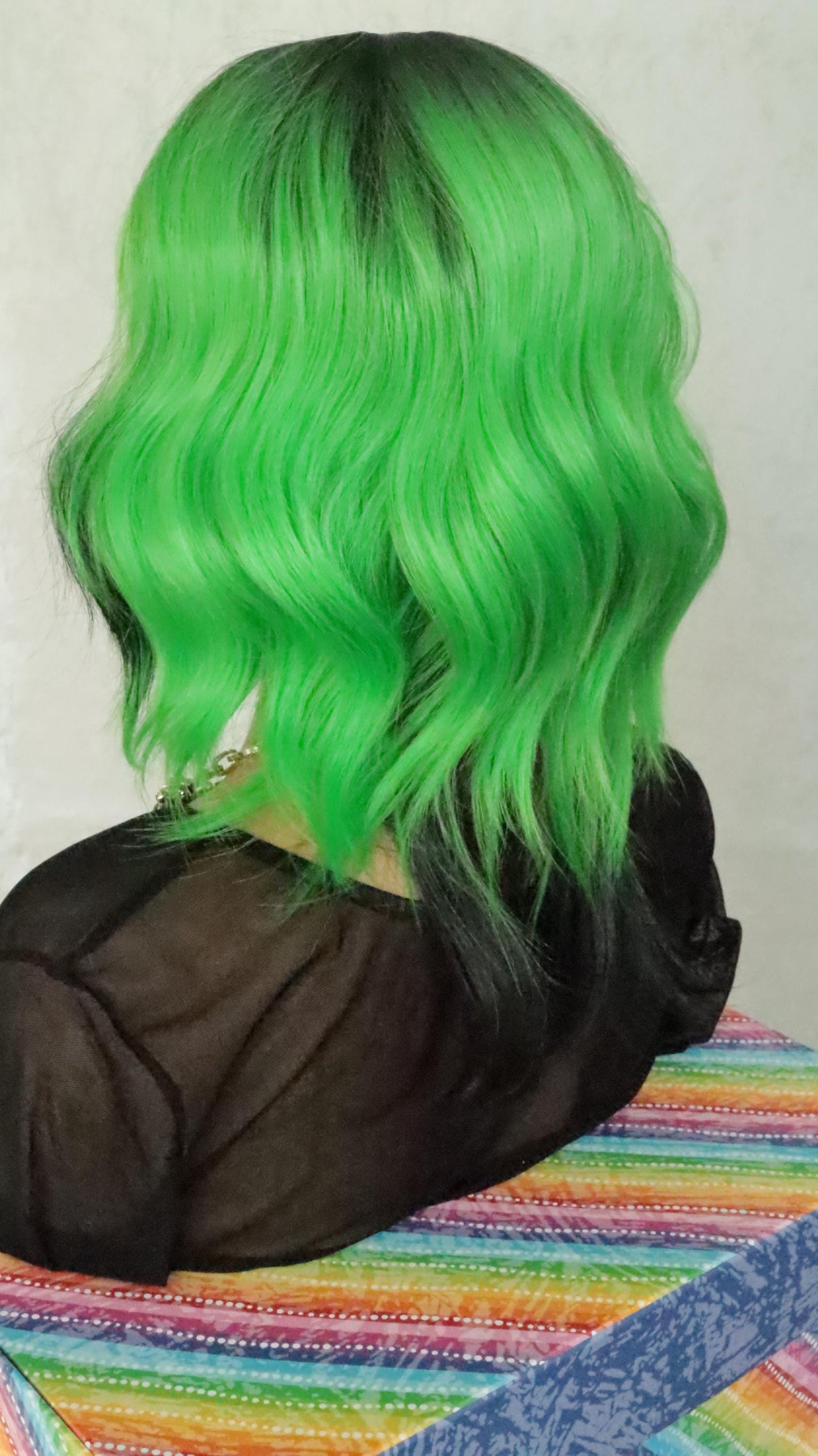 Neon Grunge Wolf Cut Wig 16" - Green & Black Layered Emo Style | Bold Alternative Fashion