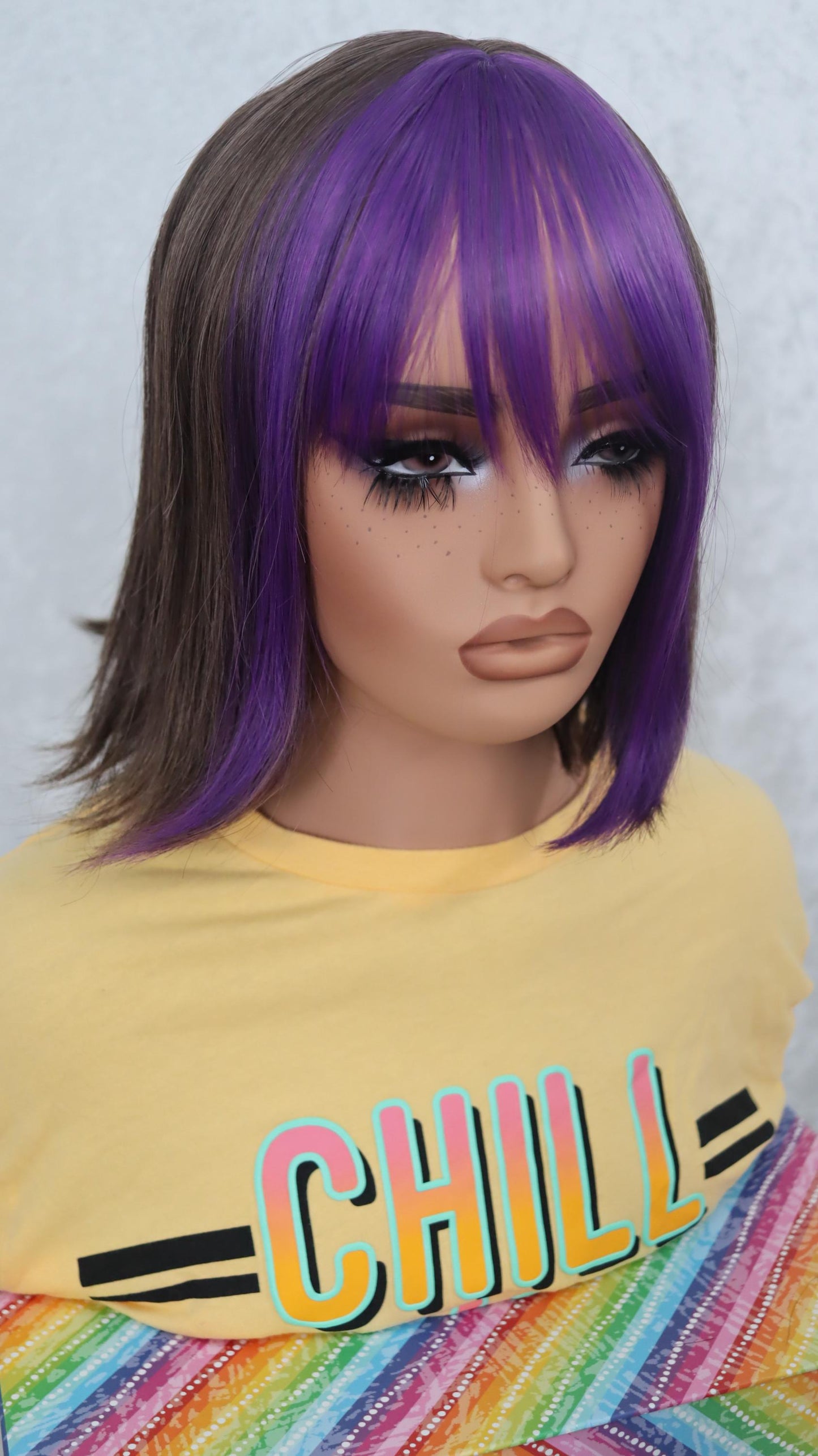 Short Bob Wig with Purple Bangs & Ash Light Brown Base – Bold Synthetic Wig for Everyday Style