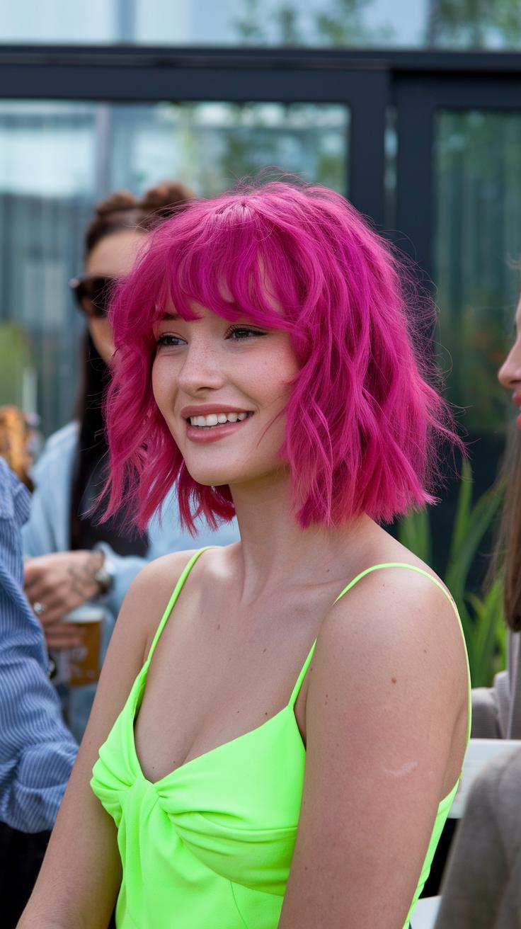 Hot Pink Bliss Wig - Short Wavy Vibrant Pink Wig with Bangs | Fun Cosplay & Party Hair