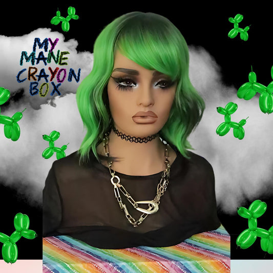 Neon Grunge Wolf Cut Wig 16" - Green & Black Layered Emo Style | Bold Alternative Fashion