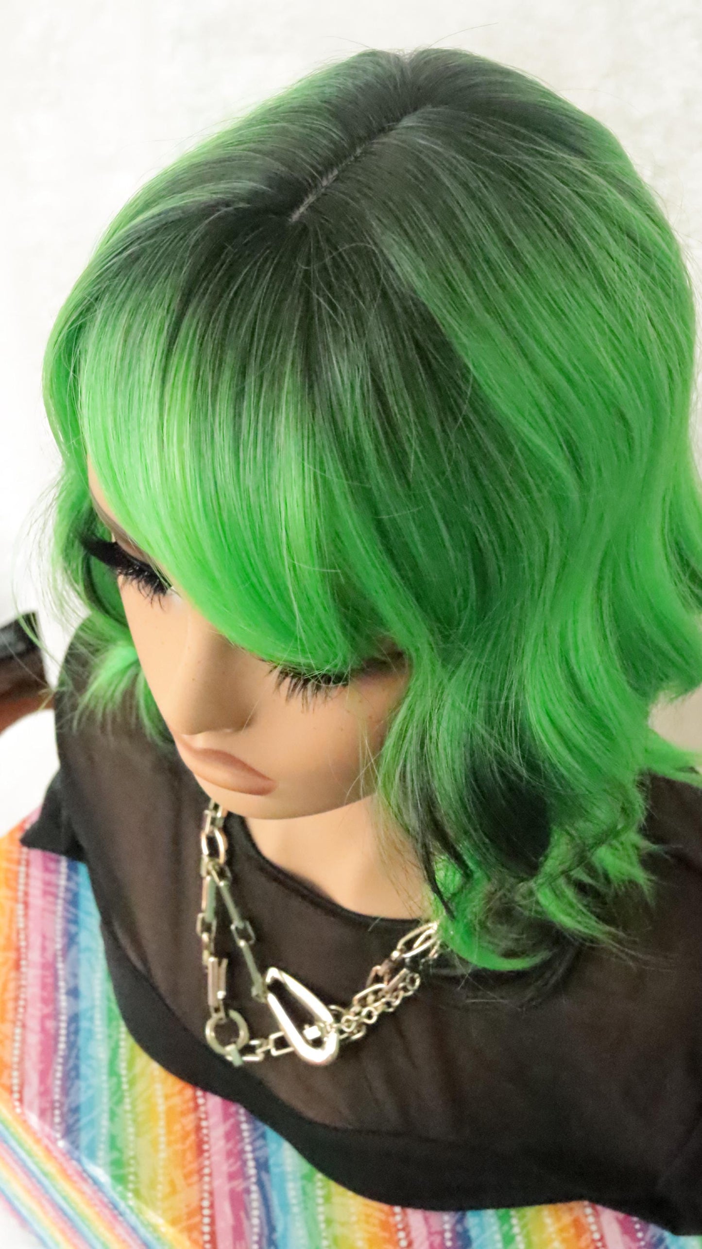 Neon Grunge Wolf Cut Wig 16" - Green & Black Layered Emo Style | Bold Alternative Fashion