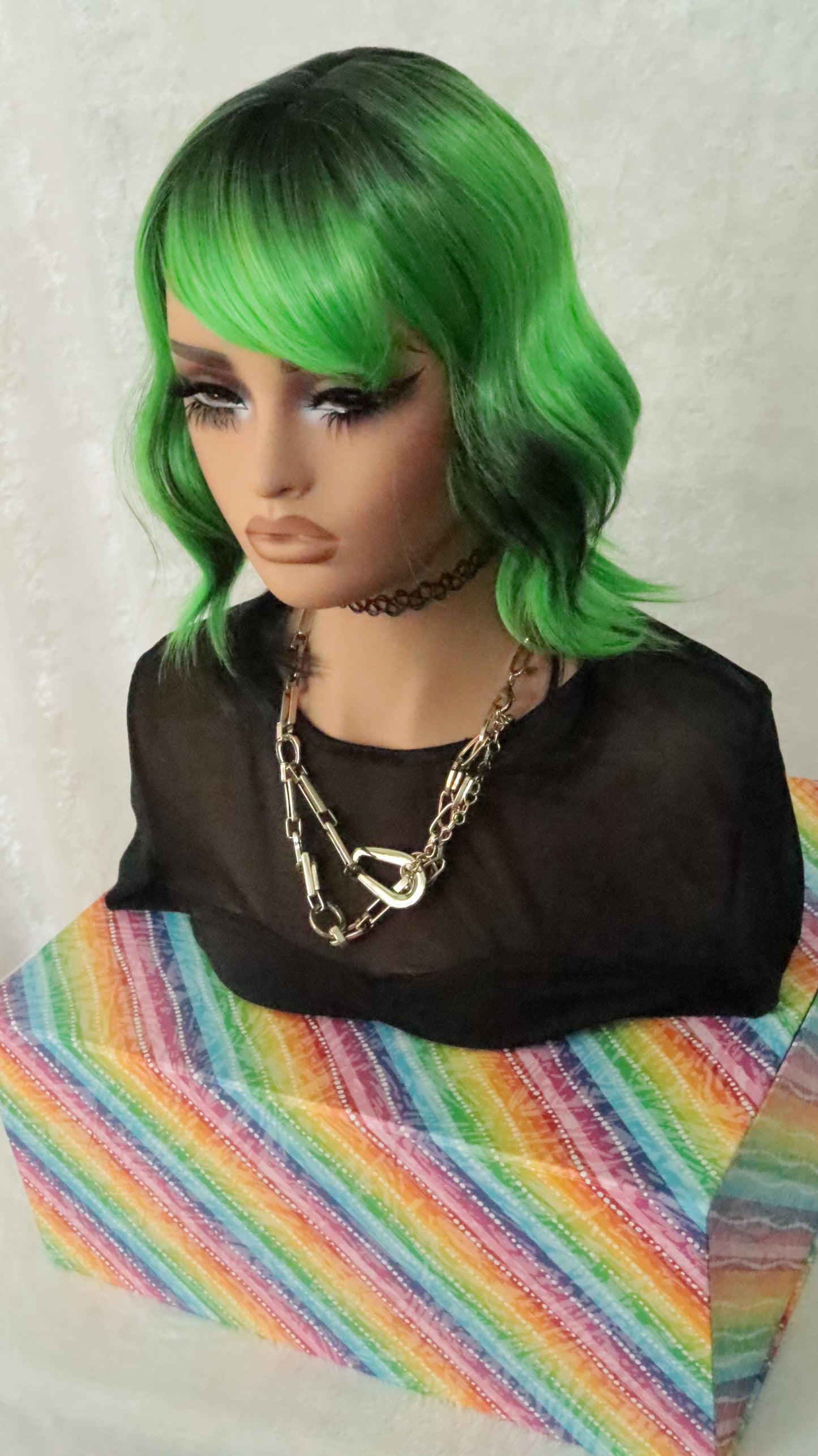 Neon Grunge Wolf Cut Wig 16" - Green & Black Layered Emo Style | Bold Alternative Fashion