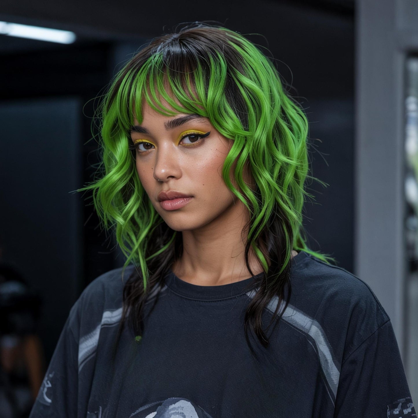 Neon Grunge Wolf Cut Wig 16" - Green & Black Layered Emo Style | Bold Alternative Fashion