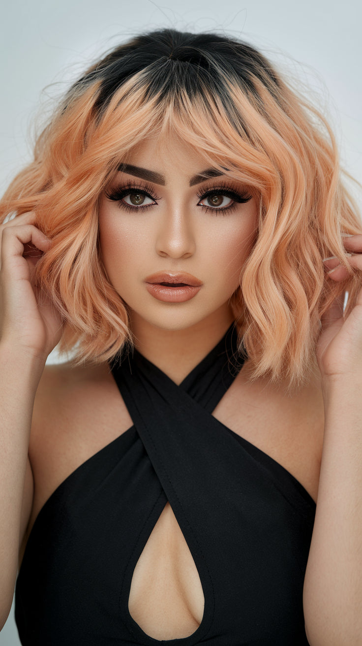 Peach Bliss 12" Wavy Wig with Dark Roots and Bangs - Fun & Vibrant for Cosplay and Everyday Glam